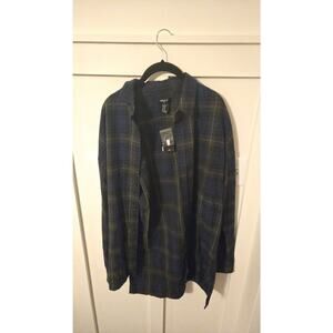 Forever 21 Men's Navy and Olive Green Plaid Flannel Button Down Shirt